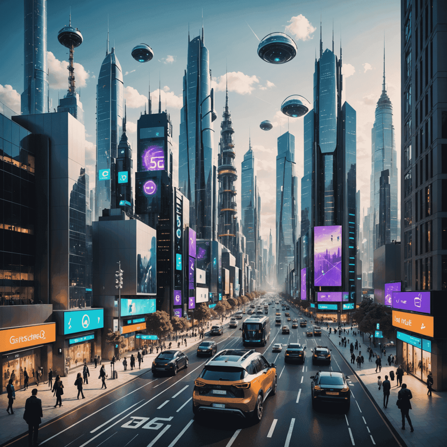 A futuristic cityscape with 5G towers and people using advanced mobile devices, showcasing the impact of 5G technology on urban life and communication
