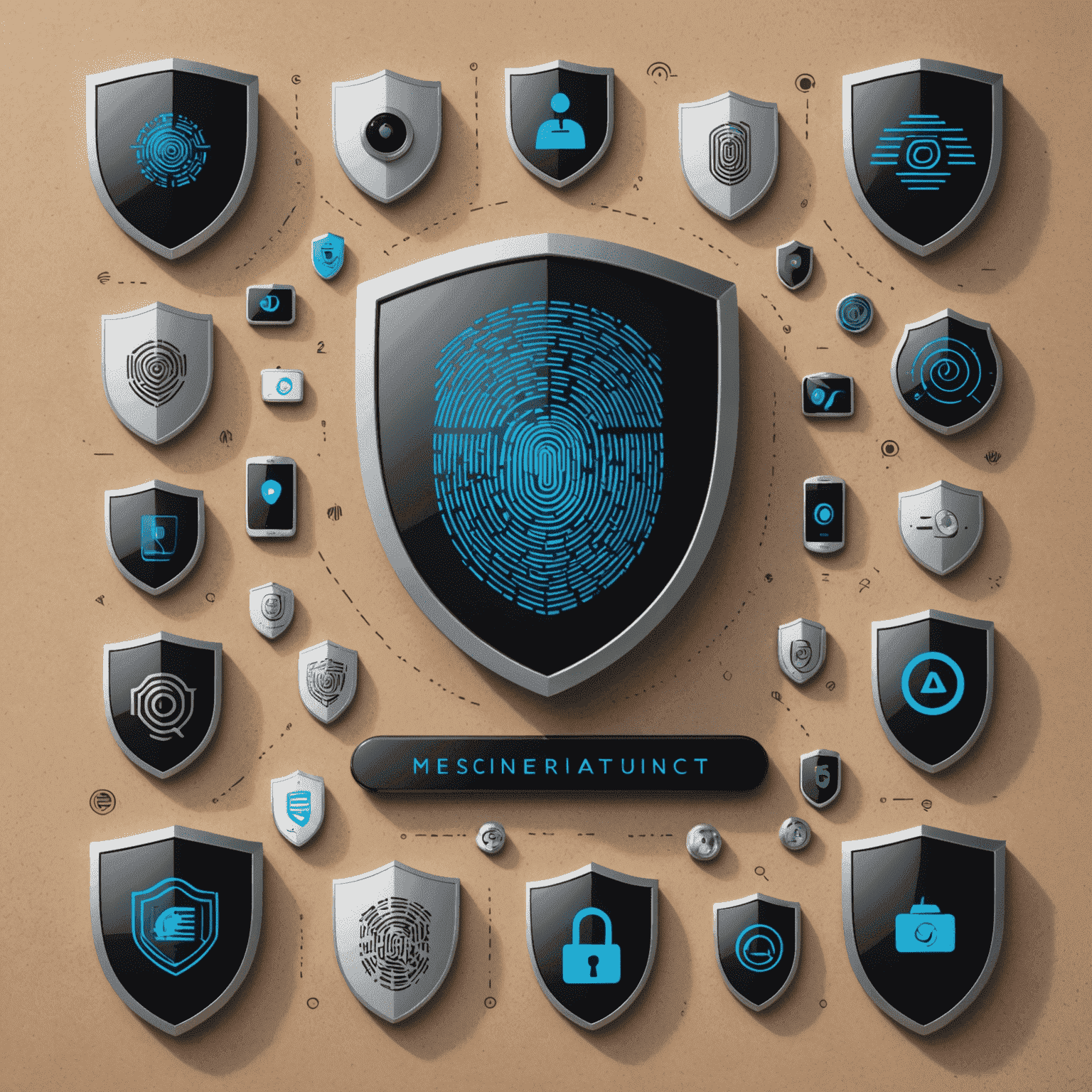 A collage showing various mobile security features: fingerprint scanner, face recognition, encrypted messaging, and a shield icon representing overall protection
