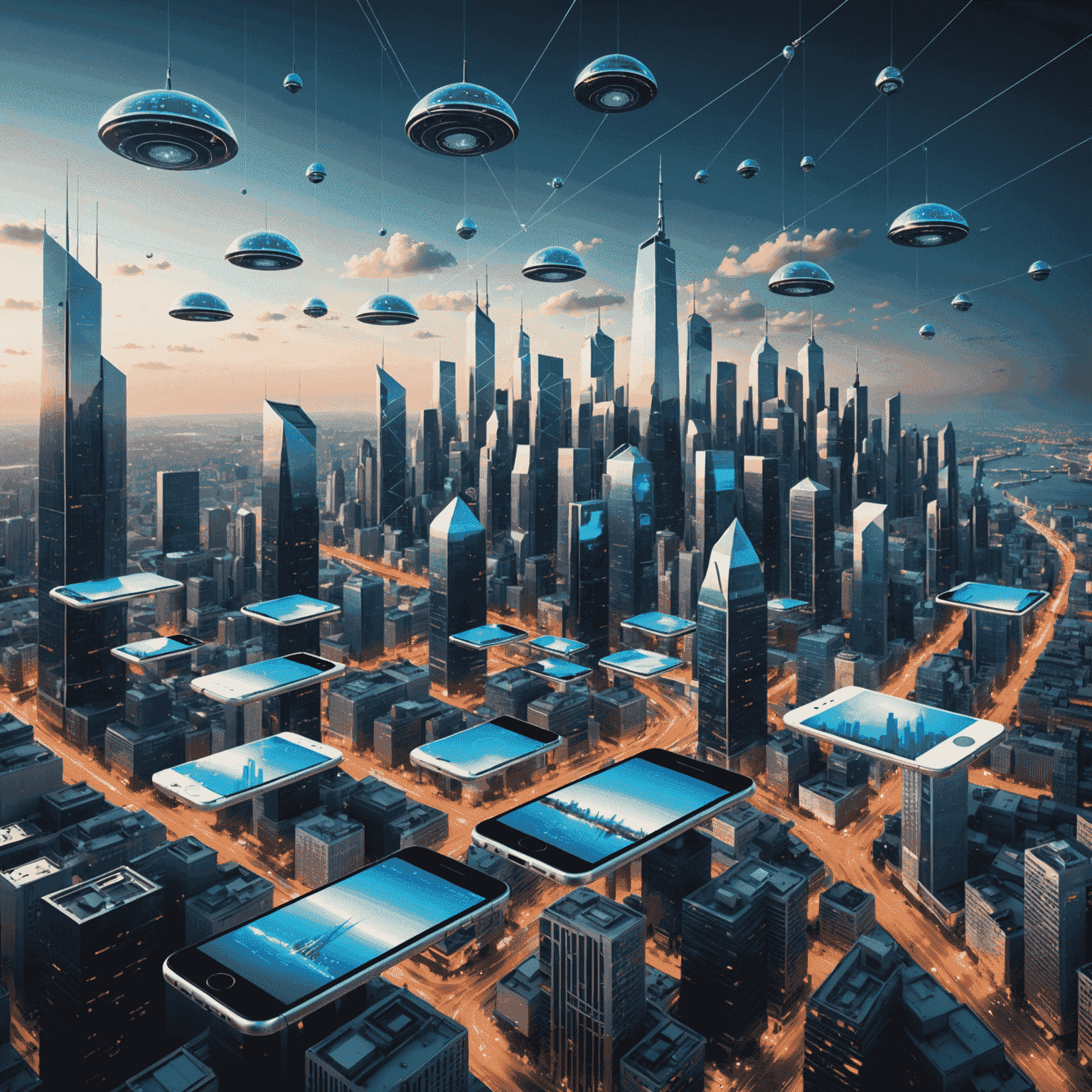 A futuristic cityscape with interconnected devices and mobile phones floating above, symbolizing the convergence of IoT and mobile communication