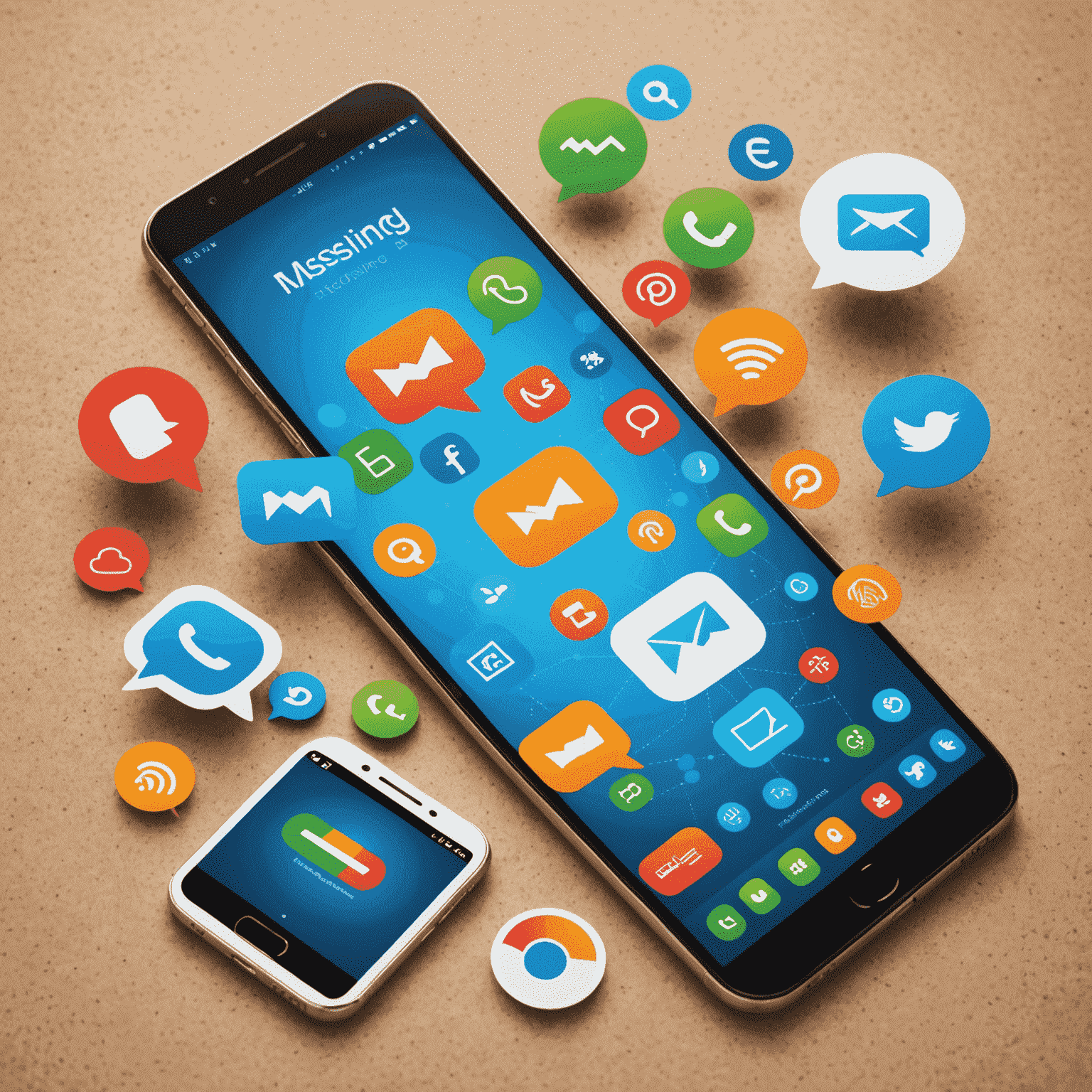 Illustration of various messaging platforms including SMS, MMS, and instant messaging apps on mobile devices