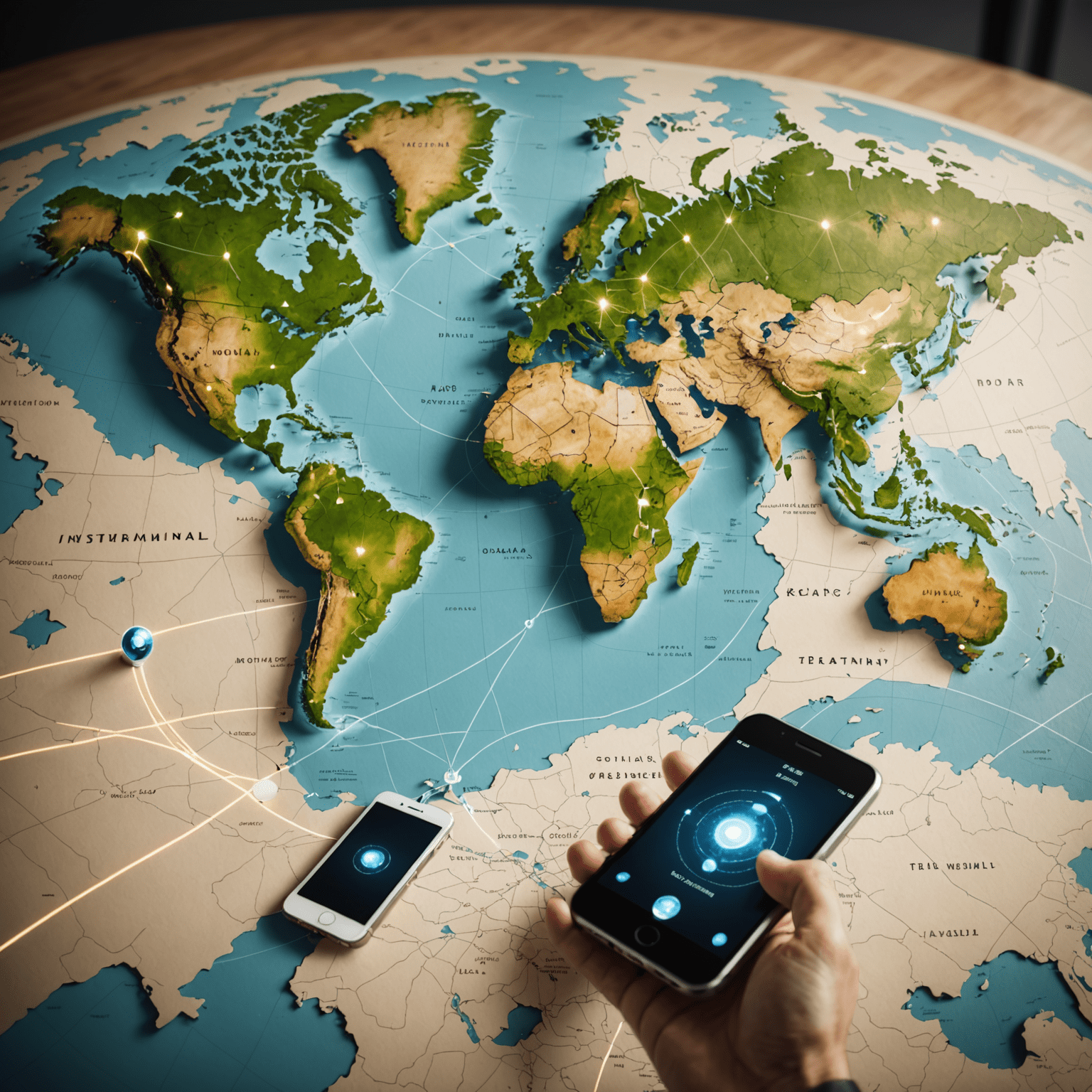 A world map with highlighted countries and mobile phone signals connecting them, representing international roaming coverage