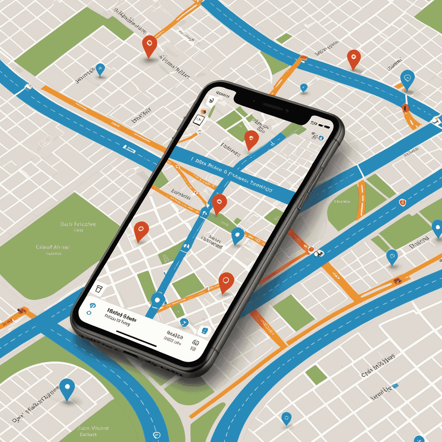 Mobile Fleet Management interface showing a map with vehicle locations, route optimization, and real-time tracking