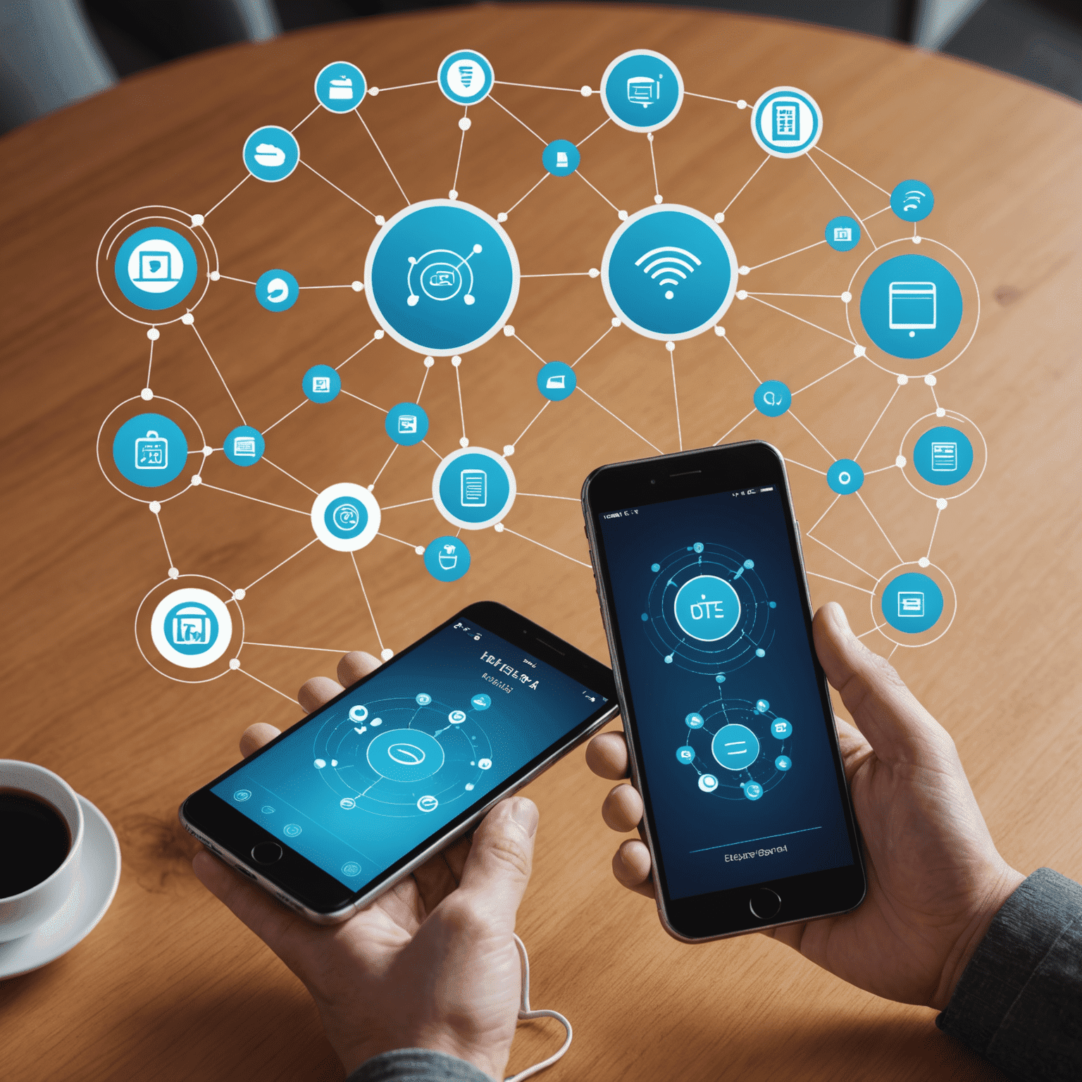 Conceptual image showing interconnected IoT devices and smartphones, illustrating the integration of IoT and mobile communication solutions