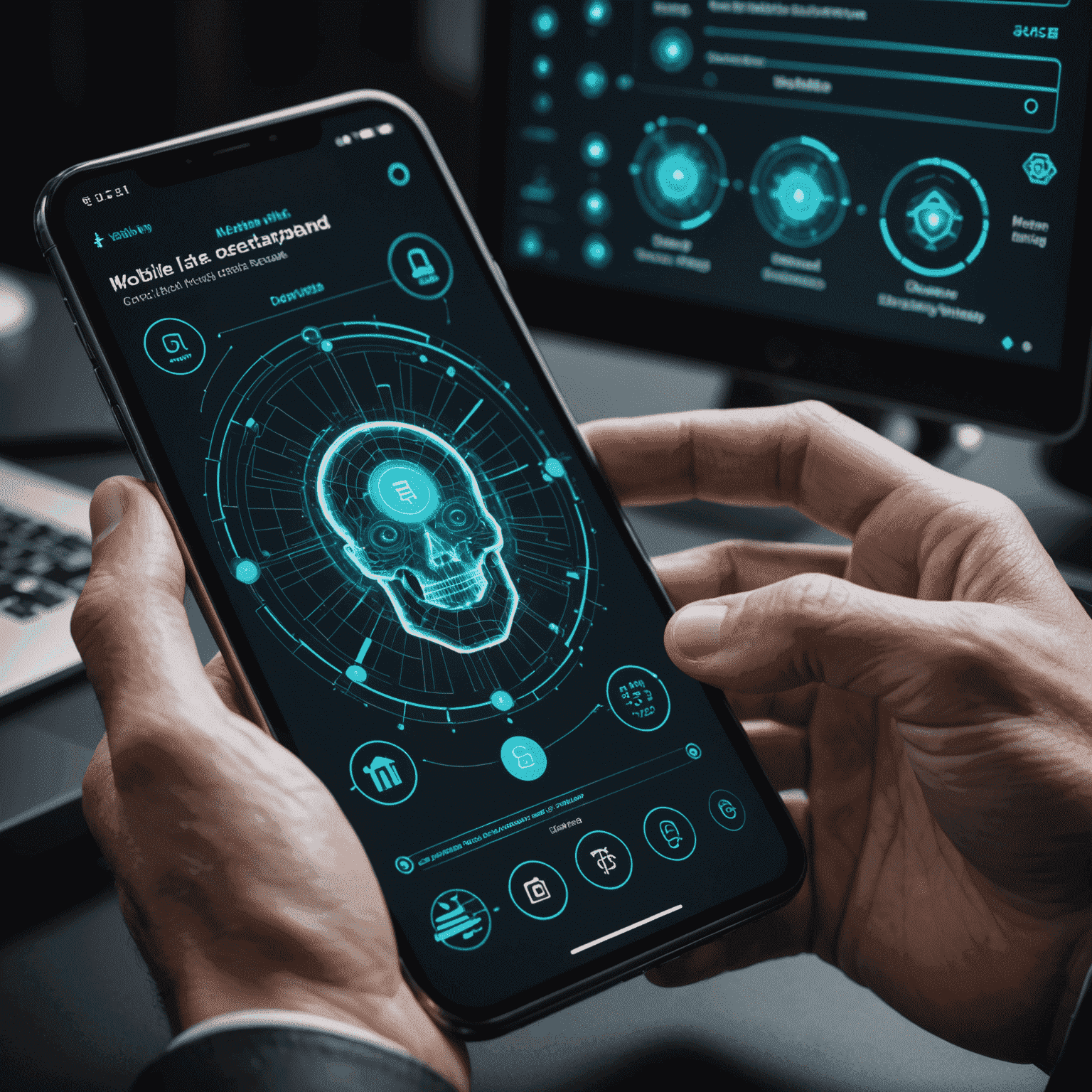 A futuristic interface showing AI analyzing mobile device usage patterns and highlighting potential security threats