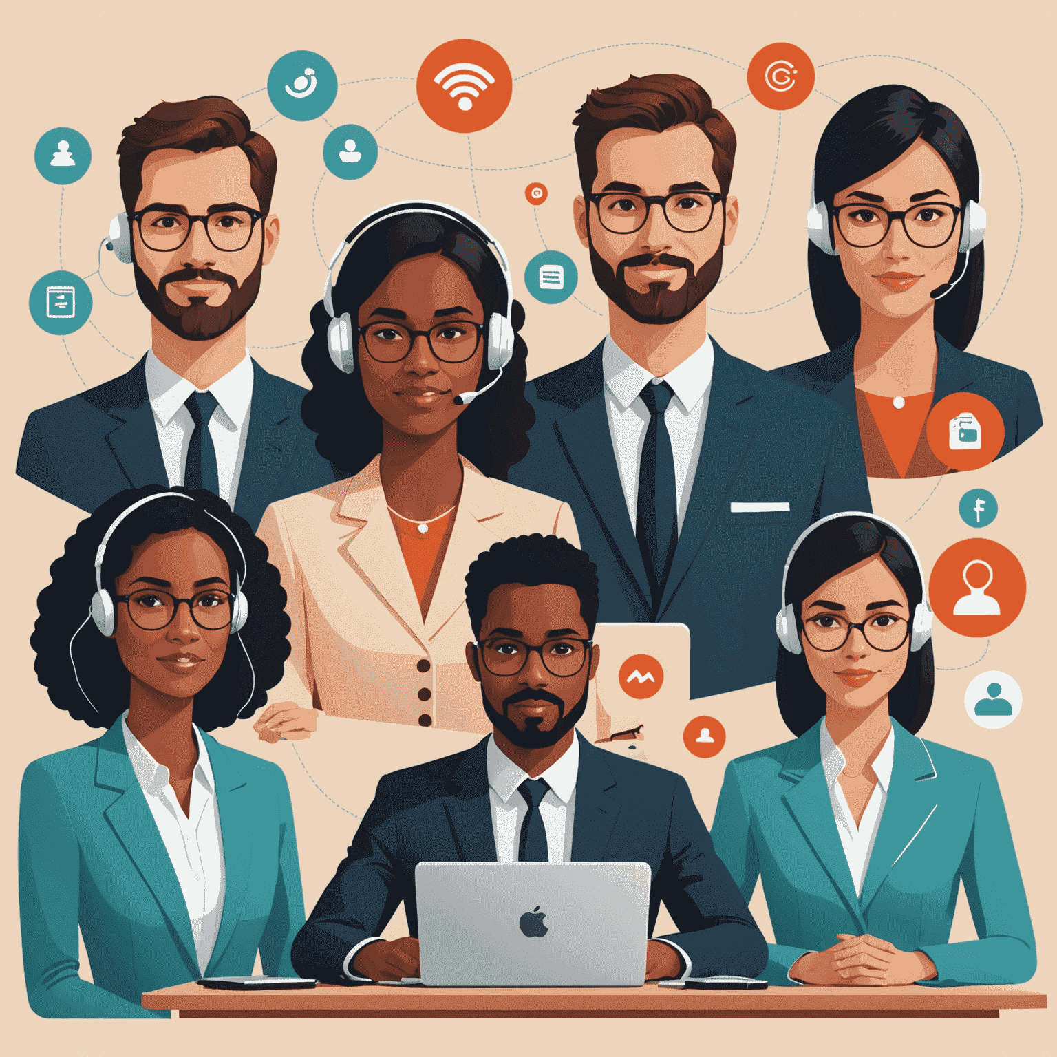 Illustration of multiple people connected in a conference call, with icons representing different devices