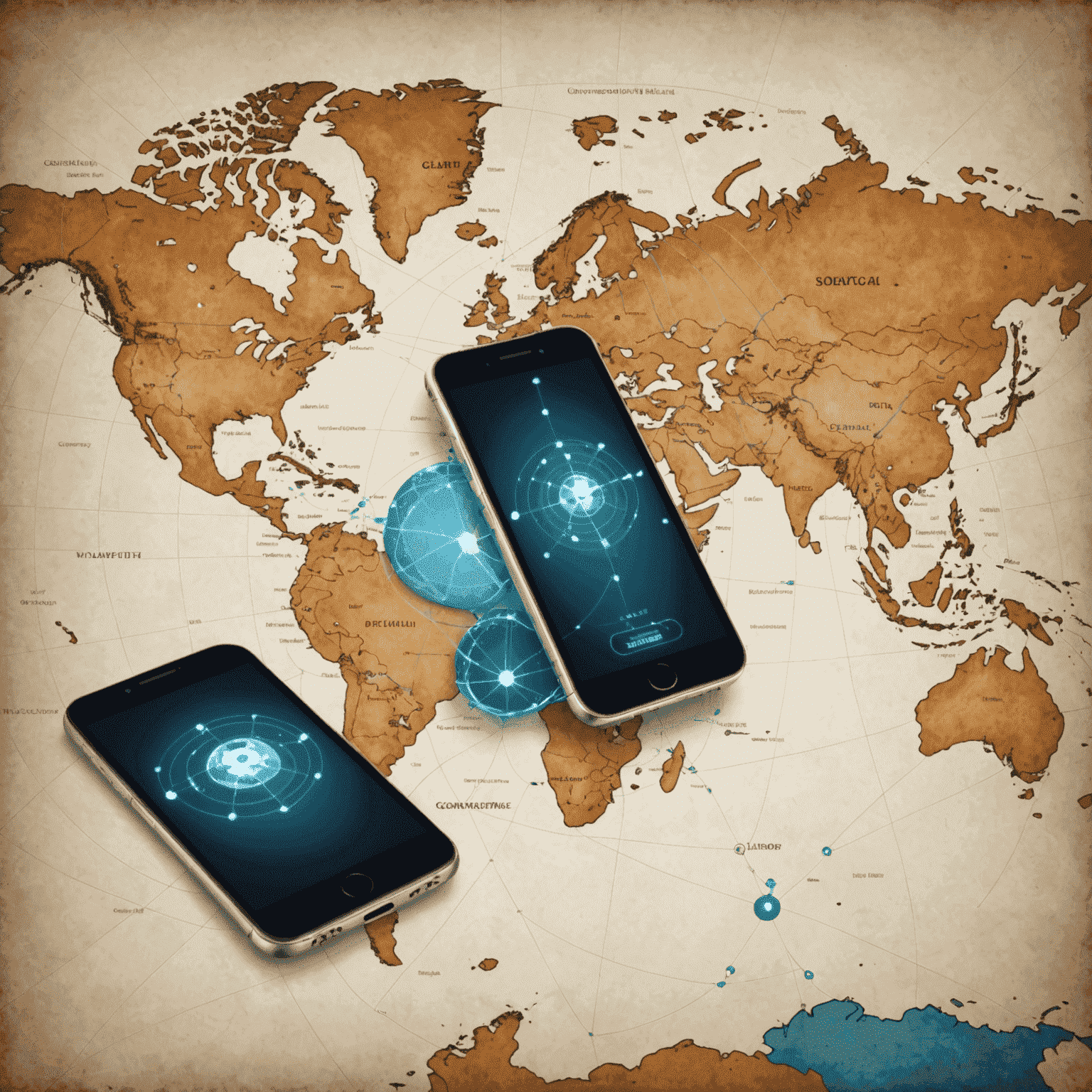 World map with connected points and a smartphone, illustrating global connectivity for international roaming