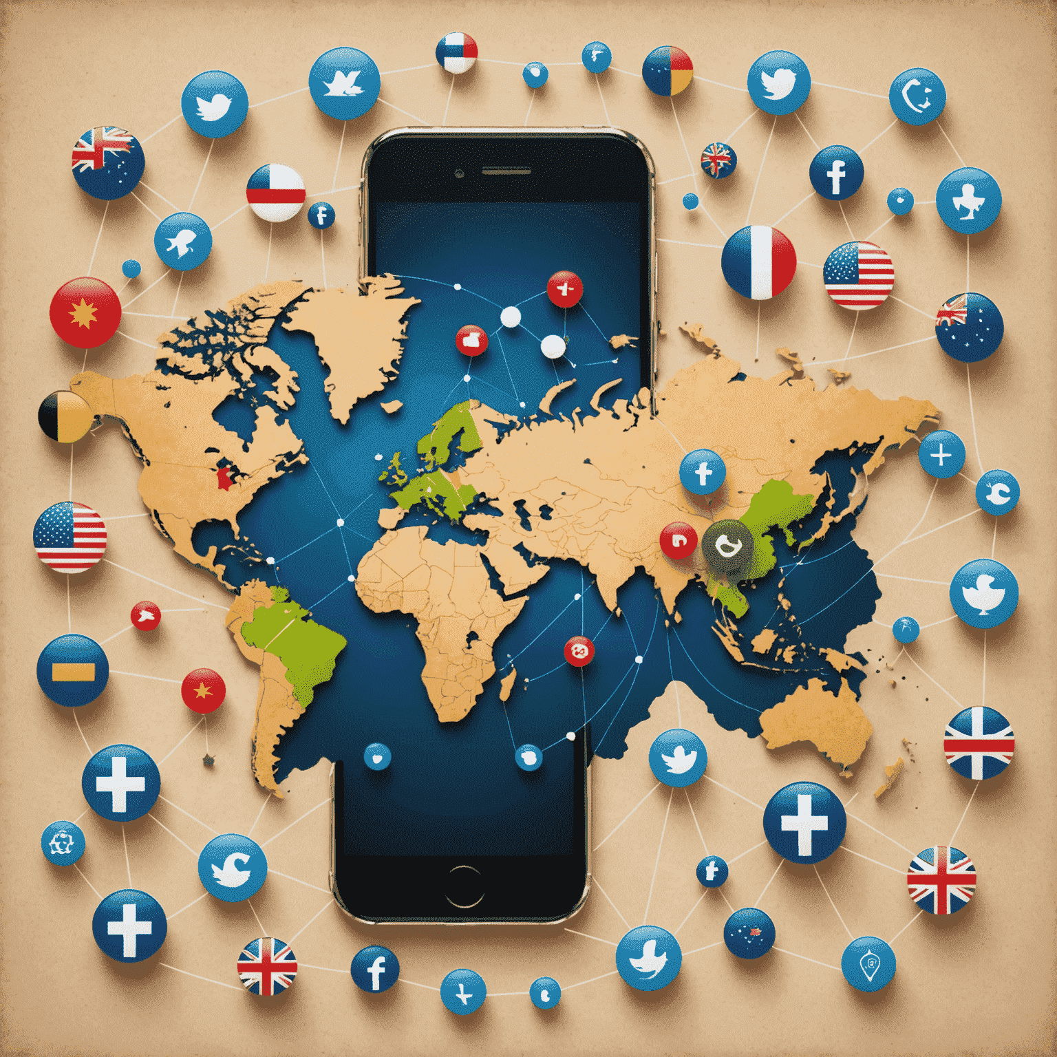 World map with phone icons connecting different countries, representing international calling