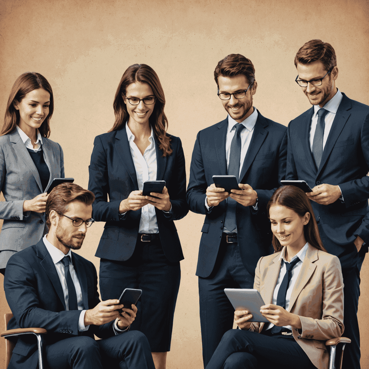 Illustration of business professionals using mobile devices, representing specialized communication solutions for various business sizes