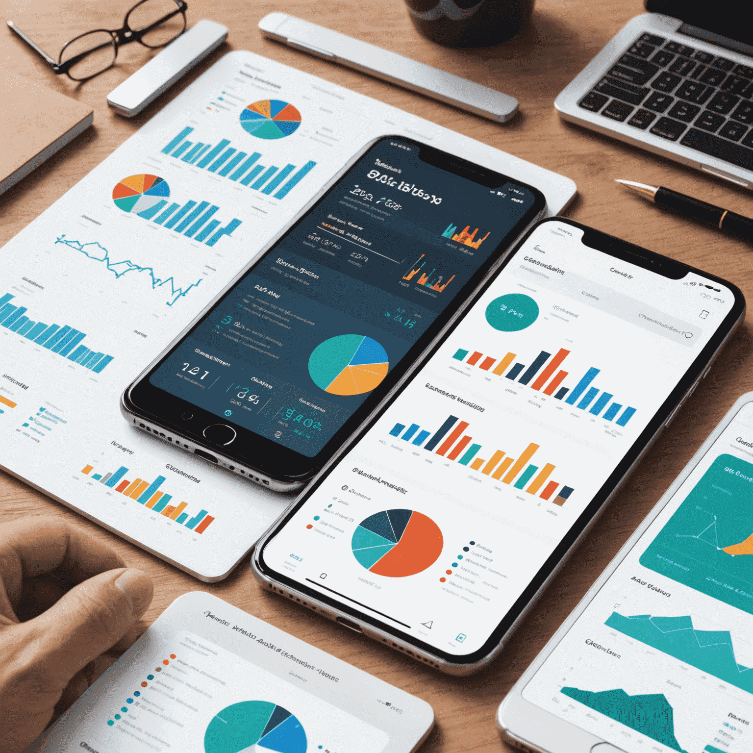 Business Analytics Platform showing graphs, charts, and data visualization tools for mobile communication insights
